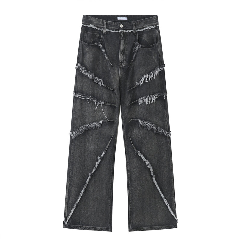 2023 European and American men's jeans new products personality trend hip-hop fringed loose wide-leg denim trousers