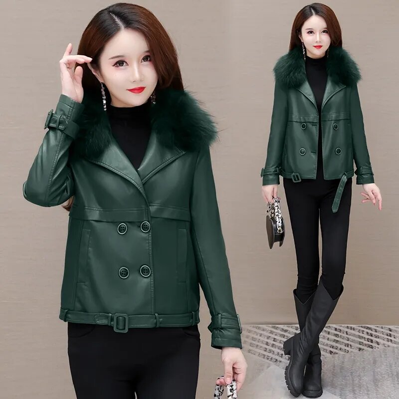 Temperament Fur Collar Leather Women's Winter  New Korean  Of Slim And Age-reducing Windproof Lining Cotton Casual Leather Coat