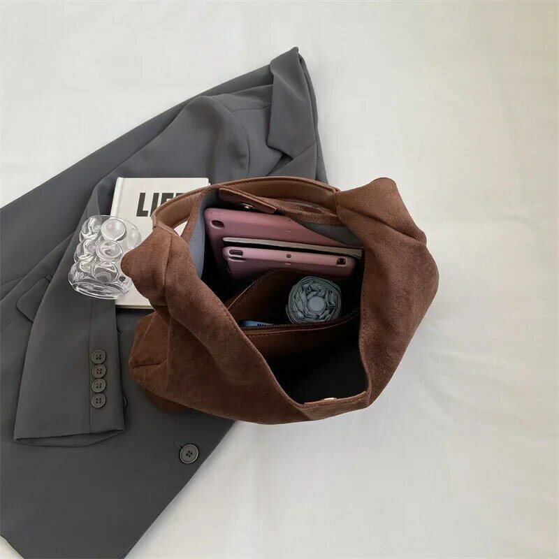 여성용 빈티지 대용량 스웨이드 숄더백, 단색 심플 캐주얼 통근백, 레트로 핸드백, 가을 및 겨울