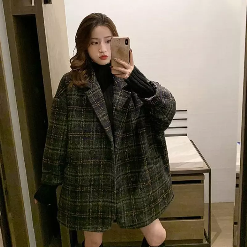 Korean Fashion Plaid Woolen Jacket Women Autumn Winter Warm Double Breasted Outwear Female Vintage Turn Down Collar Thicken Coat