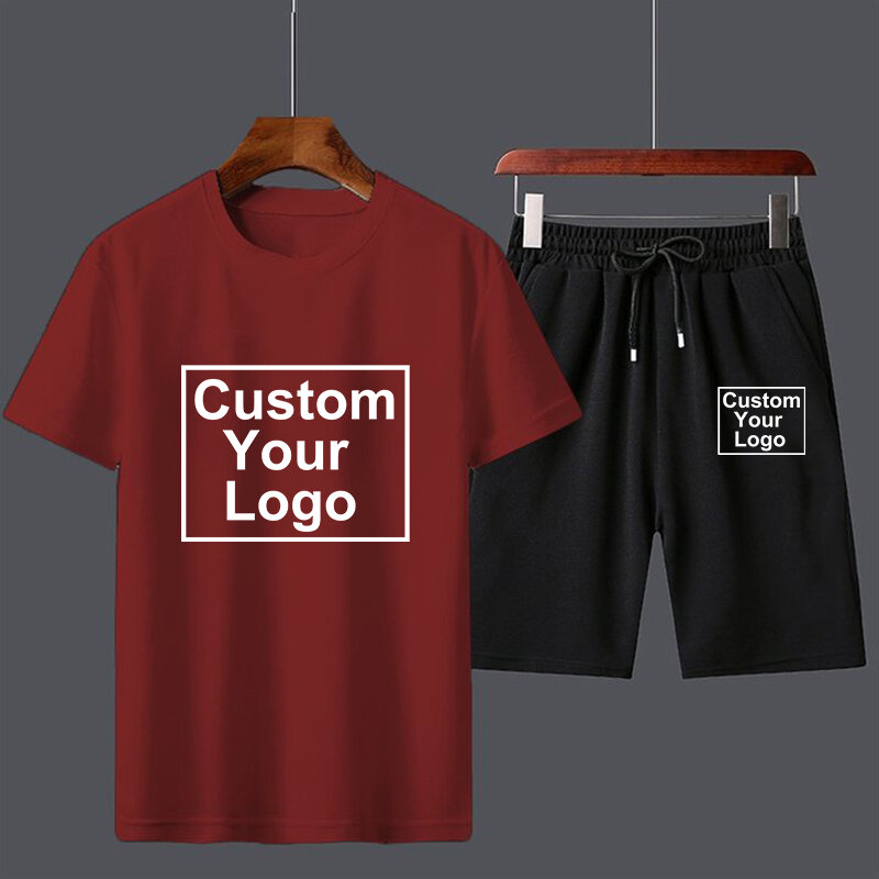 Shorts e camiseta de manga curta masculina, terno esportivo de algodão confortável, estampa de logotipo personalizada, nova moda, 6 cores, verão