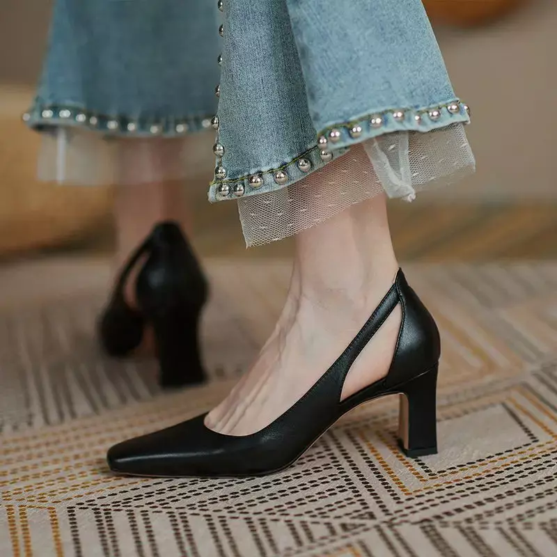 Office Ladies Summer Footwear High Heels Pumps on Heeled Square Toe Shoes for Women 2024 Normal Leather Casual Slip A Vacation