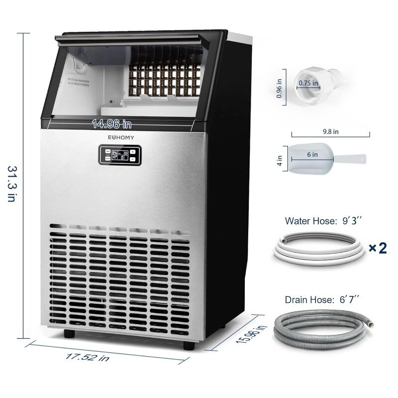 EUHOMY 상업용 아이스 메이커 기계, 스테인레스 스틸 언더 카운터 아이스 머신, 33lbs 얼음 저장 용량, 100lbs/24H