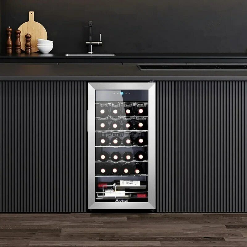 AAOBOSI-enfriador de vino con compresor de 17 pulgadas, refrigerador de vino de 28 botellas de vidrio templado con puerta de acero inoxidable para rojo, blanco o C