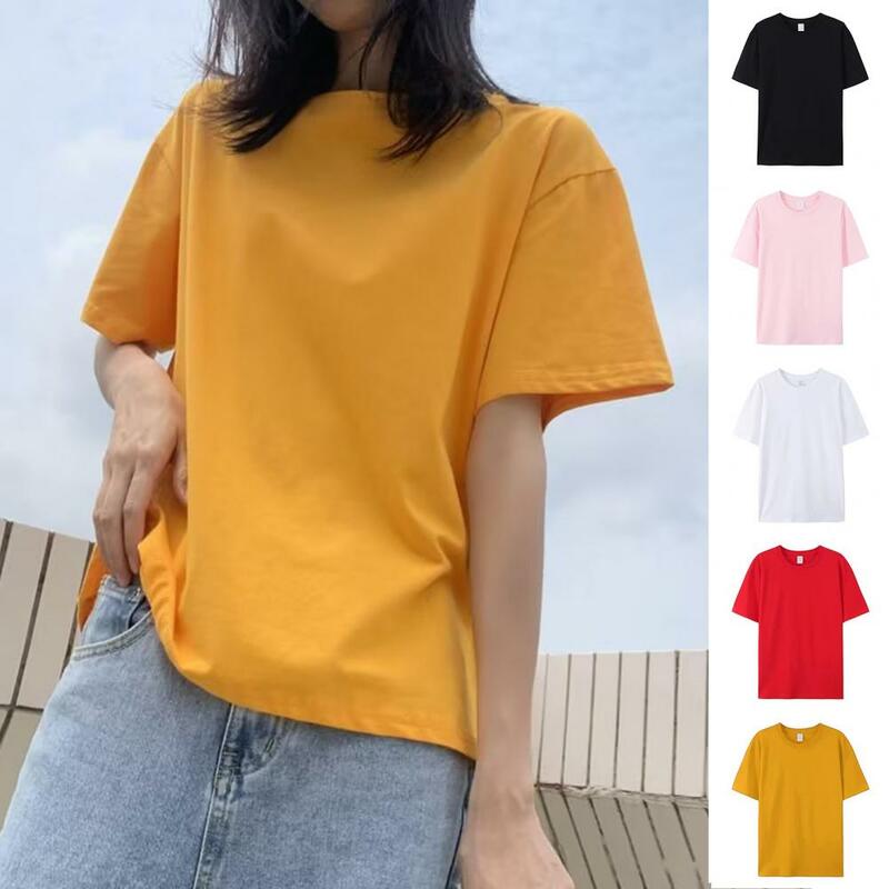 Camiseta de manga curta com decote em O feminina, camiseta multicolor, básica, casual, streetwear solto, verão