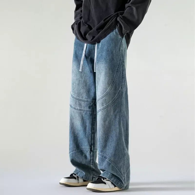 جينز فضفاض مغسول للرجال ، بنطلون كبير الحجم ، بنطلون جينز للذكور ، بنطلون بساق واسعة ، ملابس الشارع غير الرسمية ، رباط الهيب هوب ، هراجاكي ، جديد ،