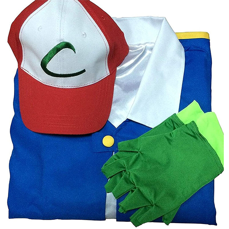 Ash Ketchum Disfraz de entrenador de Anime para hombres y mujeres, Cosplay para adultos, niñas, Halloween, fiesta, chaqueta azul, gorra y guantes, conjuntos