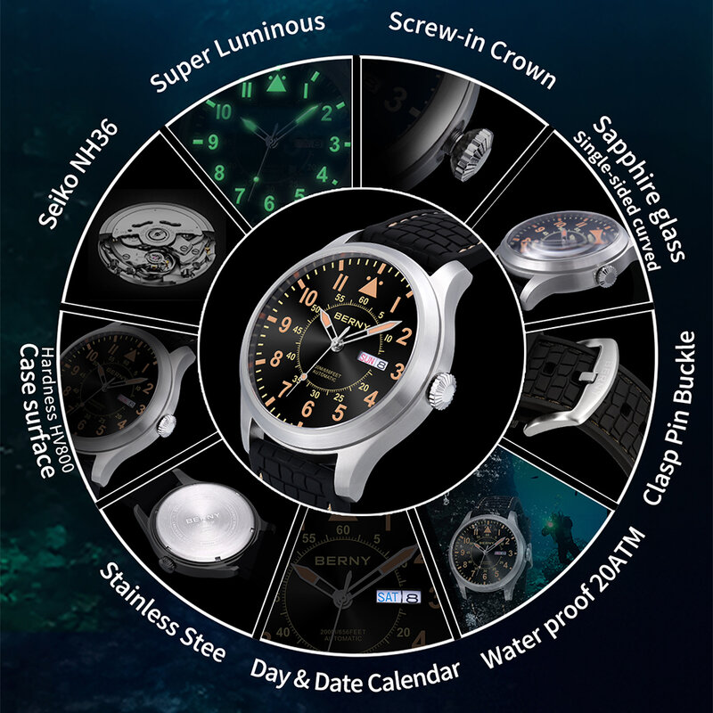 นาฬิกา20ATM กันน้ำเบอร์นี่นักดำน้ำ20Bar นาฬิกาออโตเมติกผู้ชายนักบินทหารแซฟไฟร์เรืองแสงนาฬิกากลไก NH36
