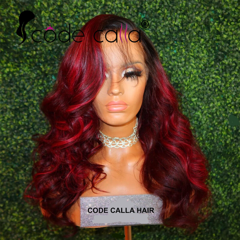 Peluca de cabello humano ondulado para mujer, postizo de encaje Frontal, color rojo, Borgoña 99J, 13x4, HD, transparente