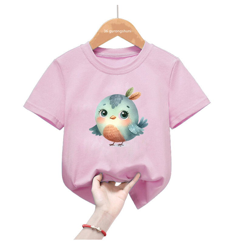 Camiseta rosa con estampado de pájaros para niñas, ropa Harajuku Kawaii para niños, camiseta informal divertida, Tops de verano, camiseta de manga corta, ropa de calle