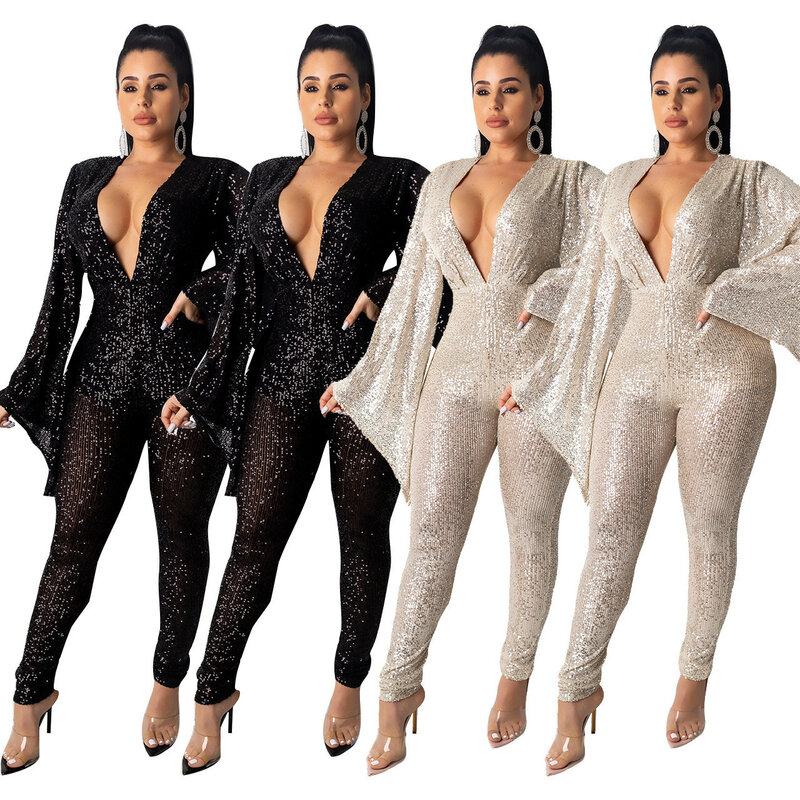 Sexy Slimming Nightclub Party Party Club Mesh See Through Deep V Sequins Wide Sleeve Jumpsuit