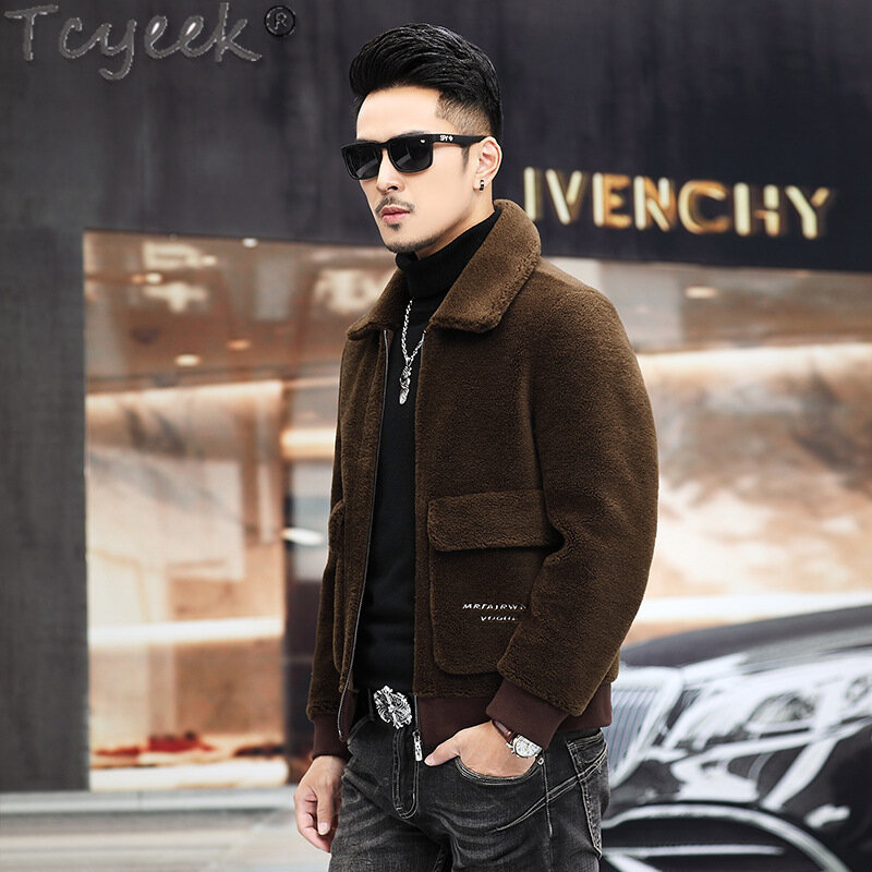 Куртка Tcyeek из 100% шерсти, зимние куртки для мужчин, уличная одежда 2023, модные мужские пальто с овчиной, приталенное шерстяное пальто, короткое стильное