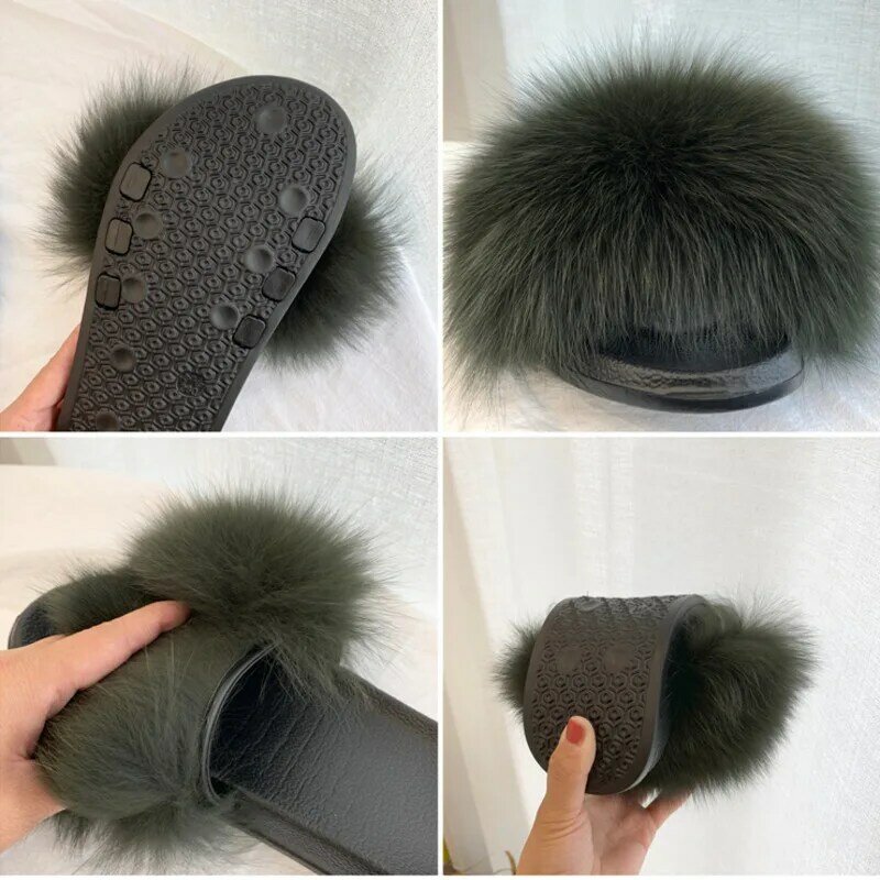 Fluffy Fur Slides Summer Women Fox Fur Slippers Indoor House Ladies Fur Sandals Furry Flip Flops Plush Shoes Woman Fuzzy Flat  