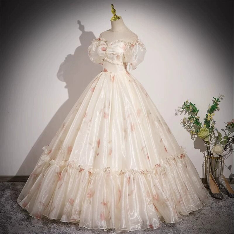 Printed Organza Quinceanera Dresses Ball Gown Sweetheart Neck Off Shoulder Beaded Ruffles Lace Up Sweet 16 Vestido 15 De Años