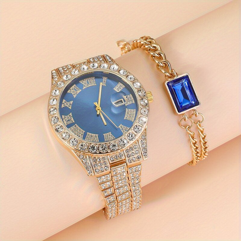 5PCS Luxury Women's Diamond Watch Women's Fashion Steel Chain Watches Jewelry Chain Earrings Bracelet Necklace Set