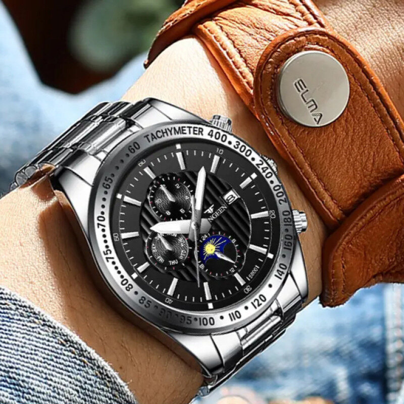Men's fully automatic six needle waterproof stainless steel strip quartz watch