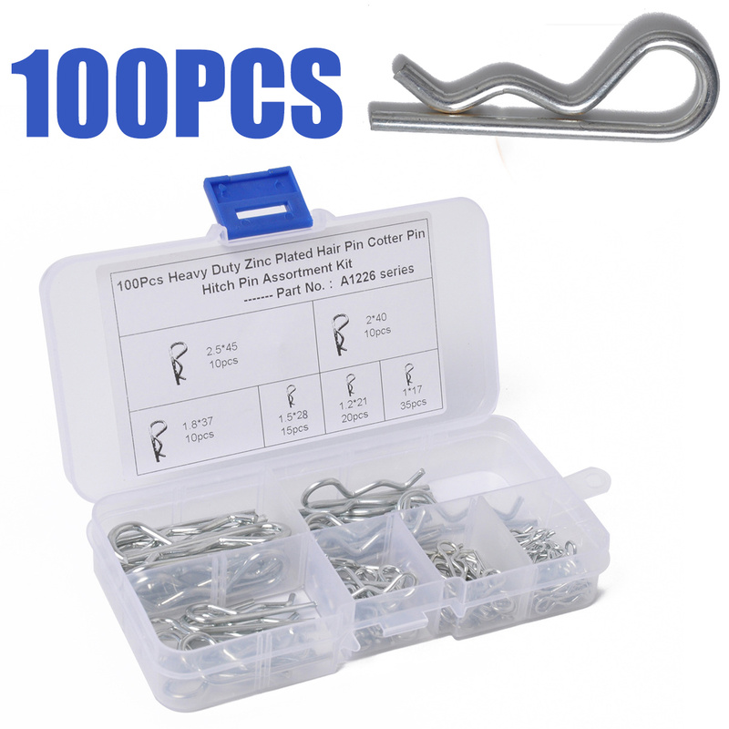 100 pces r cotter pinos trator pino clipes com caixa de plástico sortimento kit engate cabelo trator clipe de aço kit garra