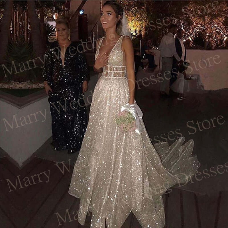 Sparkly Exquisite A Line Wedding Dresses Modern Sleeveless Backless Sequined Bride Gowns Floor-Length Shiny Vestidos Novias Boda