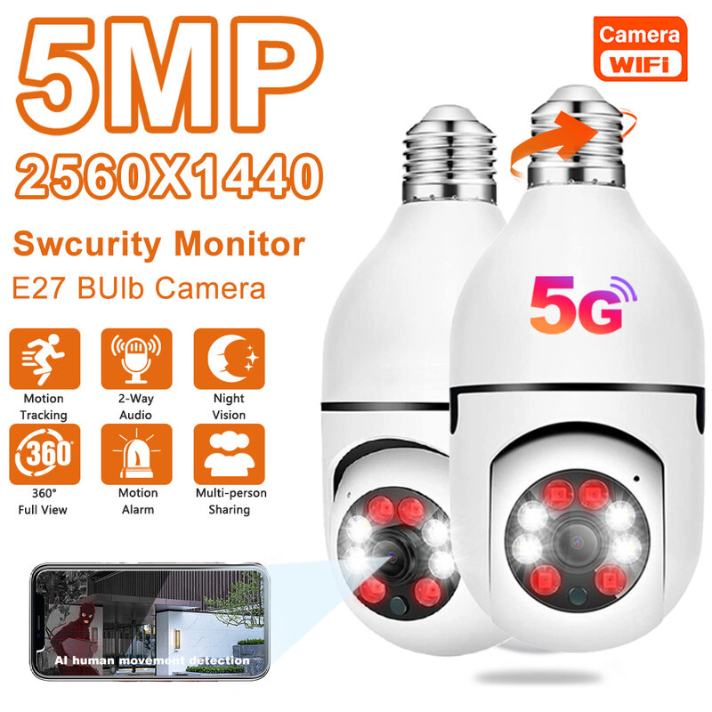 Câmera de Vigilância Visão Noturna Sem Fio, Smart Home Cam, Zoom Digital 4x, AI Humano Detectar, Full Color, 5G WiFi, 5MP, Lâmpada E27, Interior