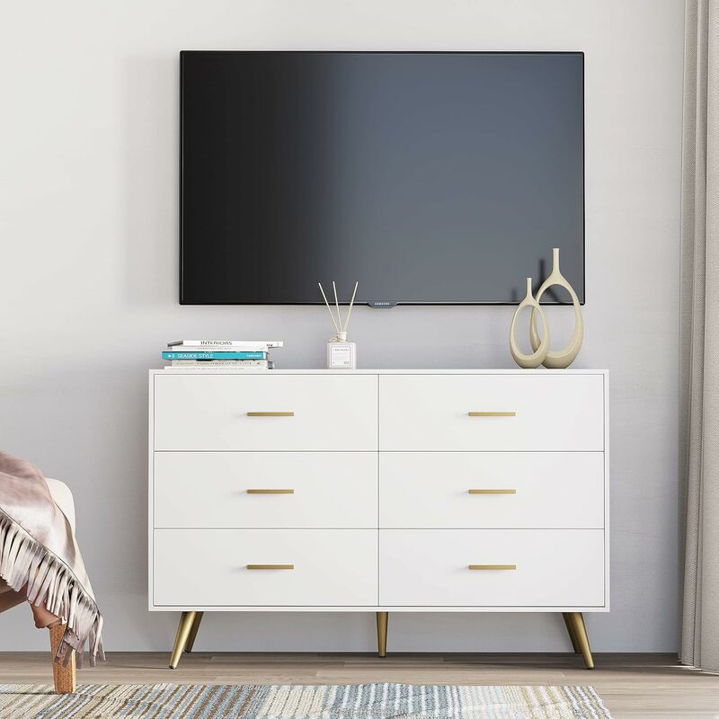 6Drawer Dresser for Bedroom, Modern White Wood Dresser with Wide Drawers and Metal Handles Long Chest of Drawers for Living Room