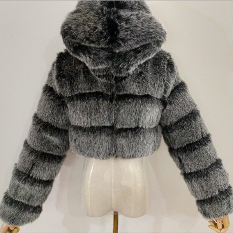 . 2023 musim dingin kualitas tinggi mantel bulu palsu wanita tebal hangat dipotong jaket berbulu berkerudung mode wanita pakaian luar bulu palsu