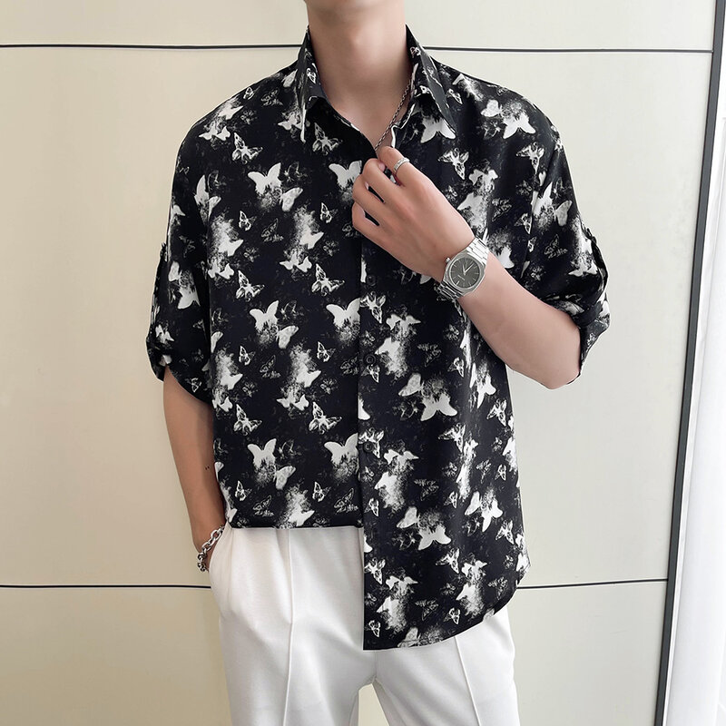 Мужская Корейская рубашка с принтом бабочки, повседневные пляжные топы для отпуска, рубашки с коротким рукавом, молодежные личные Топы