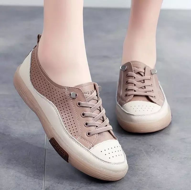 Sepatu datar wanita, sepatu kasual sol empuk kulit asli putih datar bernapas musim panas untuk wanita