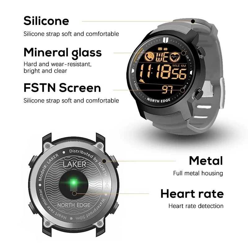 NORTH EDGE Mens GPS Smartwatch Heart Rate กีฬาหลายกันน้ำ Dive 50M เครื่องวัดระยะสูงเข็มทิศบารอมิเตอร์เข็มทิศ GPS นาฬิกาสำหรับ Android IOS