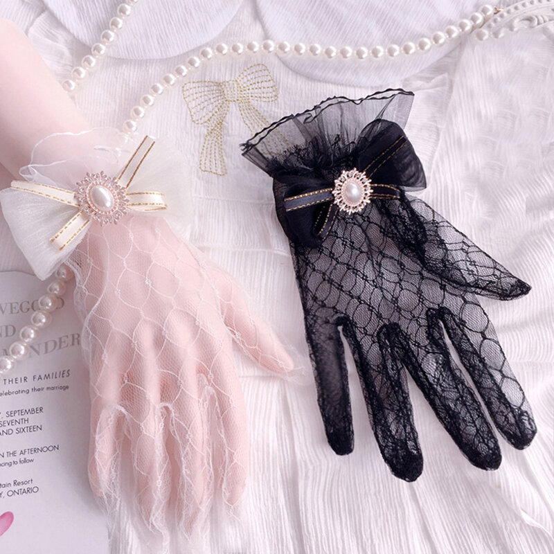Luvas japonesas de renda macia para meninas, Lolita gótica, arco de malha, flor, pulseira, joias cosplay, renda preta e branca, doce