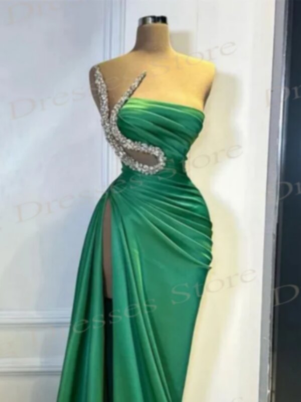 2024 klassische grüne Meerjungfrau sexy Abendkleider neue träger lose Seite hoch gespaltene plissierte Ballkleider formelle Party Vestido de Fiesta