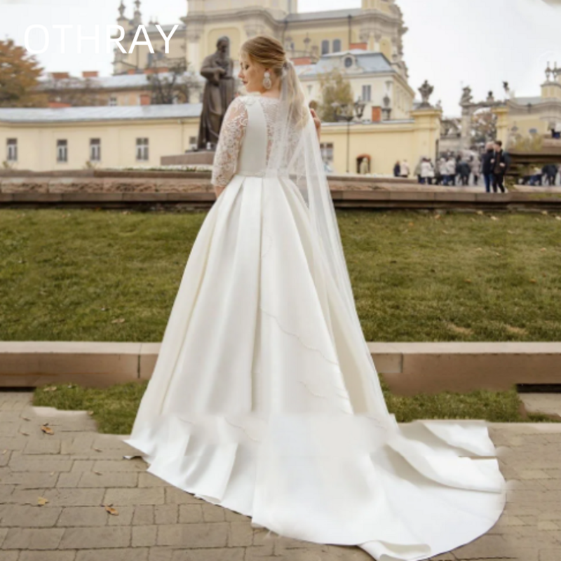 Plus Size Jewel Neck Half Sleeves Bride Gown Lace Beads Floor Length A-Line Satin Vestido De Novia Classic Wedding Dresses 2024
