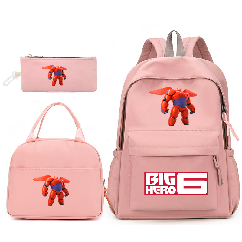 Mochila Baymax Disney-Big Hero 6 com lancheira para adolescentes, mochilas escolares estudantis, conjuntos de viagem casuais confortáveis, 3 peças por conjunto
