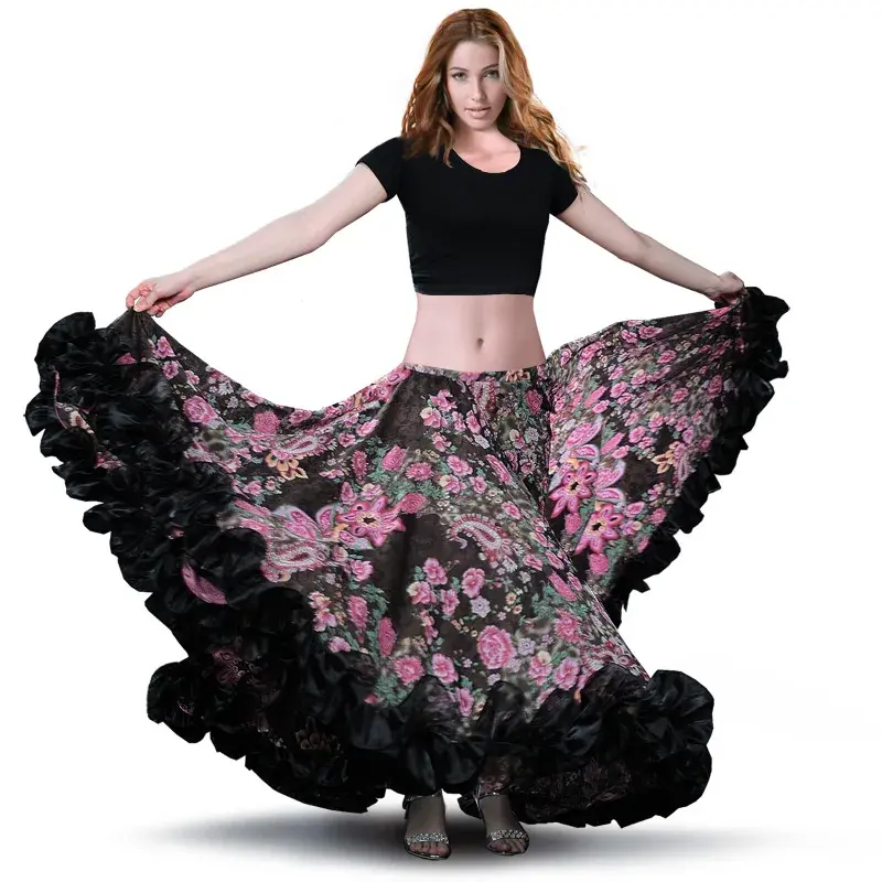 Hiszpańskie spódnica do tańca brzucha spódnice Flamenco szyfon 720 ° duża cygańska huśtawka spódnica do tańca brzucha gypsie kostium plemienna spódnica 25 stoczni
