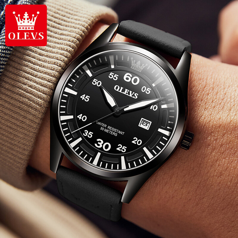 OLEVS Men Watch Fashion Leather Strap Waterproof Watches Luminous Hand Sport Watch Calendar Quartz Wristwatch Relogio Masculino