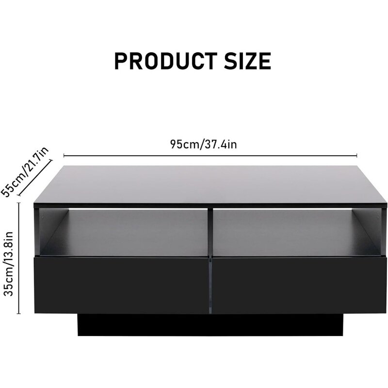Coffee Table with 4 Storage Sliding Drawers, High Glossy Modern Center Table with 20 Colors LED Lights for Living Room Bedroom