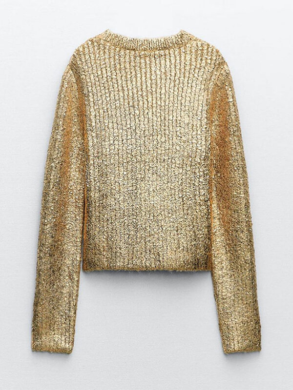 Modne złote swetry z okrągłym dekoltem dla kobiet 2023 jesienno-zimowe z długim rękawem dzianinowy sweter elegancka biurowa, damska luźne swetry