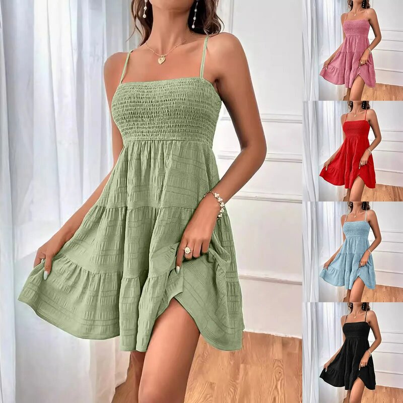 Casual Summer Mini Spaghrtti Strap Dress For Women Sleeveless A-Line Dress Ladies Folds Ruffles Pleated Backless Female Dresses