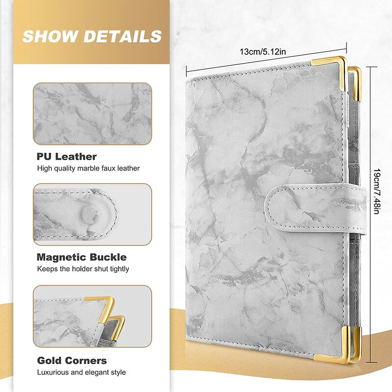 A6 PU Leather Marble Notebook Binder Budget Planner Money Organizer for Cash Savings with 12 Zipper Envelope Pockets & Stickers