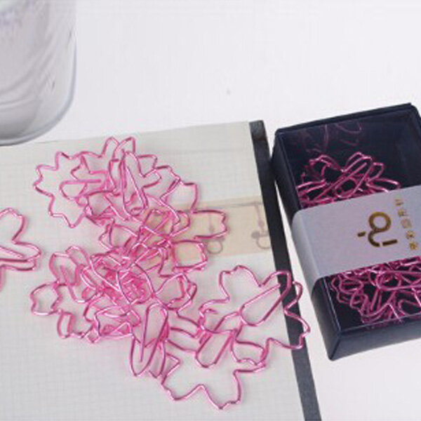 12 teile/los Top-Qualität plattierte rosa Büroklammern Sakura Papier Nadel Lesezeichen Metall Memo Clip Briefpapier Kirschblüten Box Clips