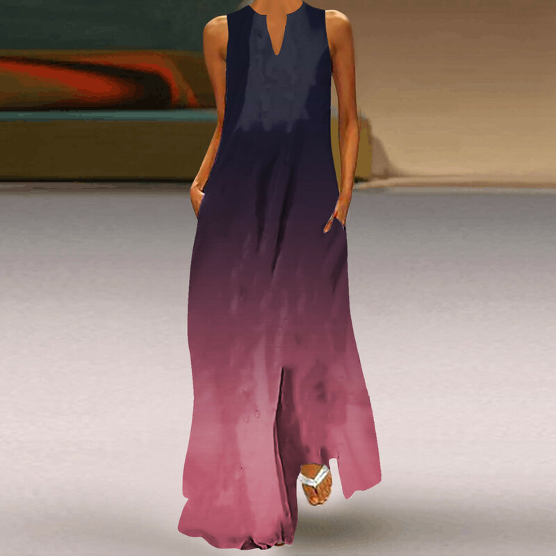 Vintage Farbverlauf Sommerkleid Frauen ärmellose V-Ausschnitt Maxi kleid elegante Strand böhmischen langen Kleid Sommerkleid Kleidung