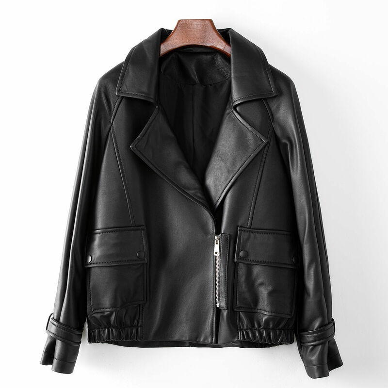 Jaqueta de couro genuíno feminino Haining, casaco de pele de carneiro estilo motocicleta, couro genuíno novo, primavera, 2024