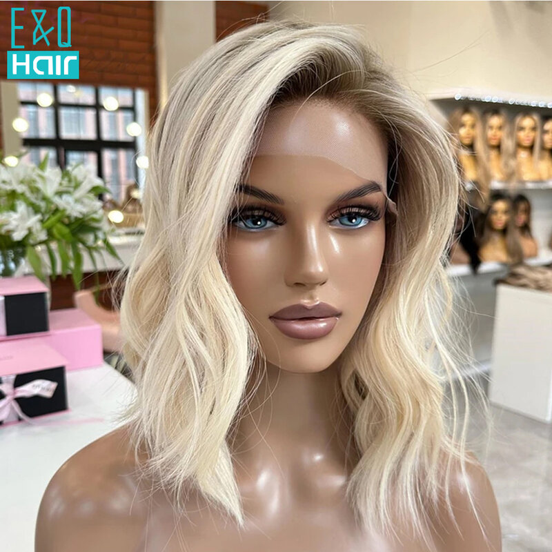 Bezklejowe Ombre Ash Blonde Colored Short Bob Human Hair Frontal Wigs 13X4 HD Transparent Lace Front Body Wave Wig Pre Plucked