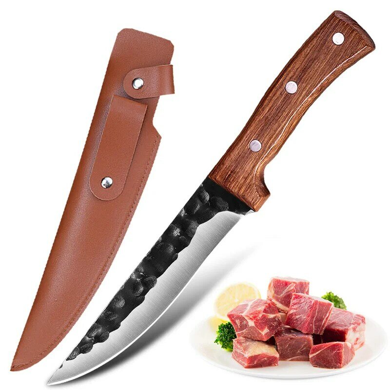 Aço inoxidável desossa açougueiro faca, forjado faca, Meat Cutelo, Pesca, Camping faca, Chef profissional faca bainha, 6.5"