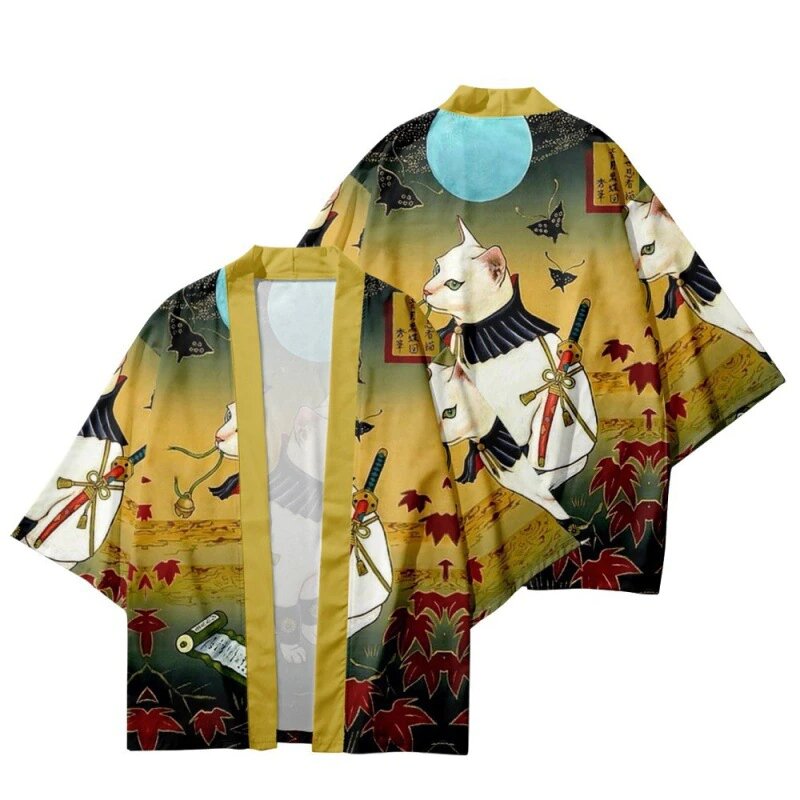 Kimono japonais imprimé chat pour hommes et femmes, cardigan Harajuku, chemise entrante, kimono de samouraï