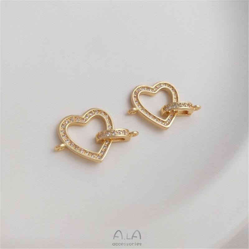 Bijoux en forme de cœur de pêche, Micro incrusté d'or 14 carats, Perle en forme de cœur, Double pendentif, DIY Connecting Structure
