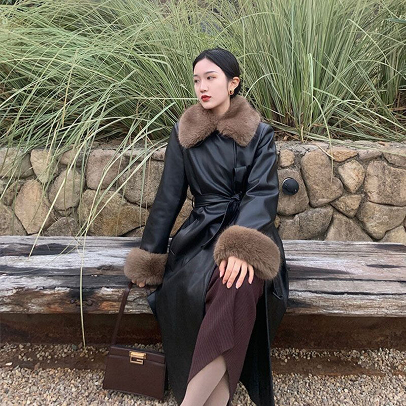 2022 nova moda outono e inverno retro breezepelt casaco feminino médio e longo cintura sênior emagrecimento quente casaco de couro