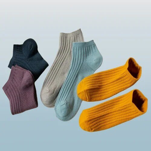 Meias curtas monocromáticas de agulha dupla, meias de algodão rasas, meias clássicas, 5 pares