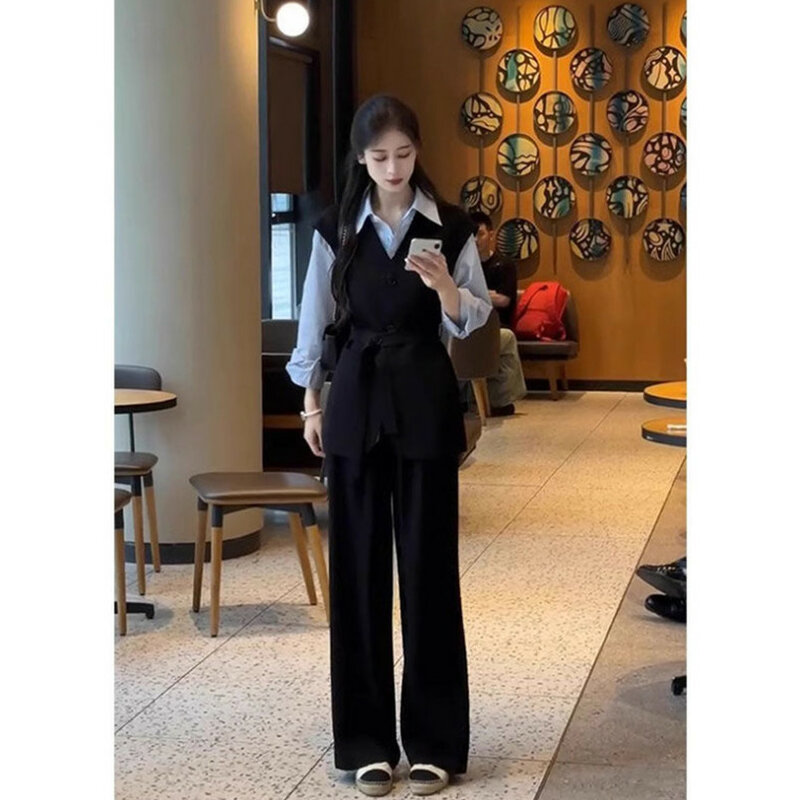 Spring and Autumn Seasons New Dry and Elegant Commuter Women's High End Small Fragrant Wind Suit Vest Shirt Wide Leg Pants Set