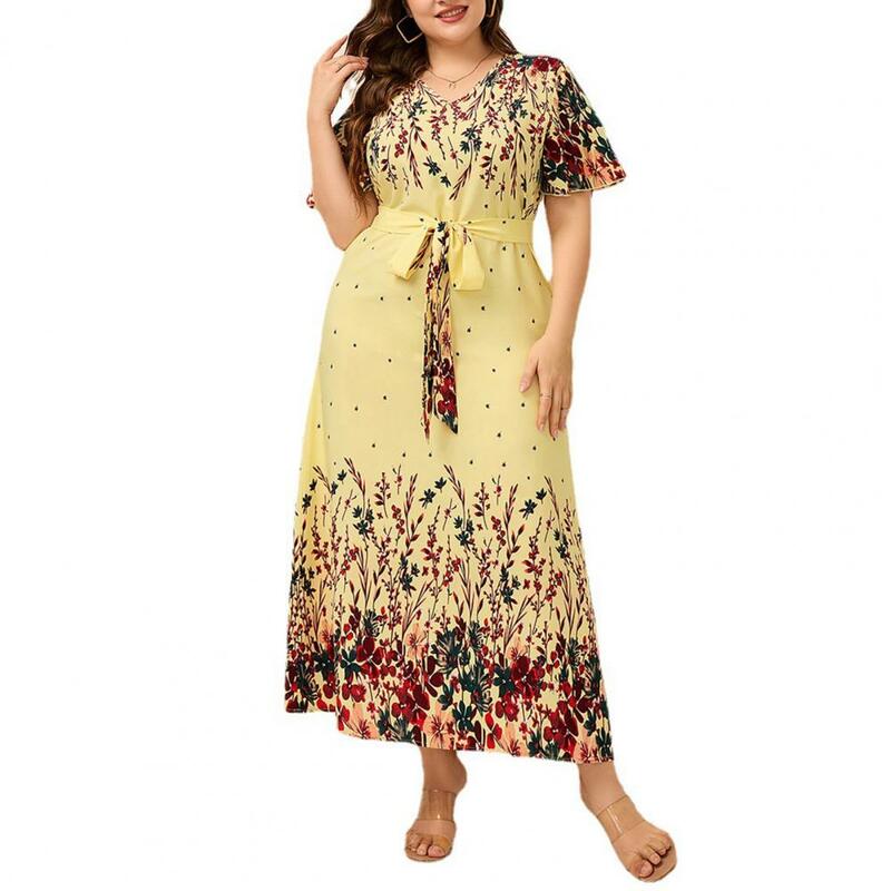 Женское длинное платье с V-образным вырезом, коротким рукавом и цветочным принтом