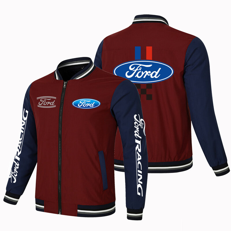 Jaqueta casual de motocicleta masculina, cardigã elegante com zíper, esporte colorido, logotipo de carro Ford Racing, moda, primavera e outono